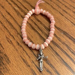 Vintage Y2K Disney Silver Tinker Bell Fairy Charm Pink Beaded Bracelet Jewelry